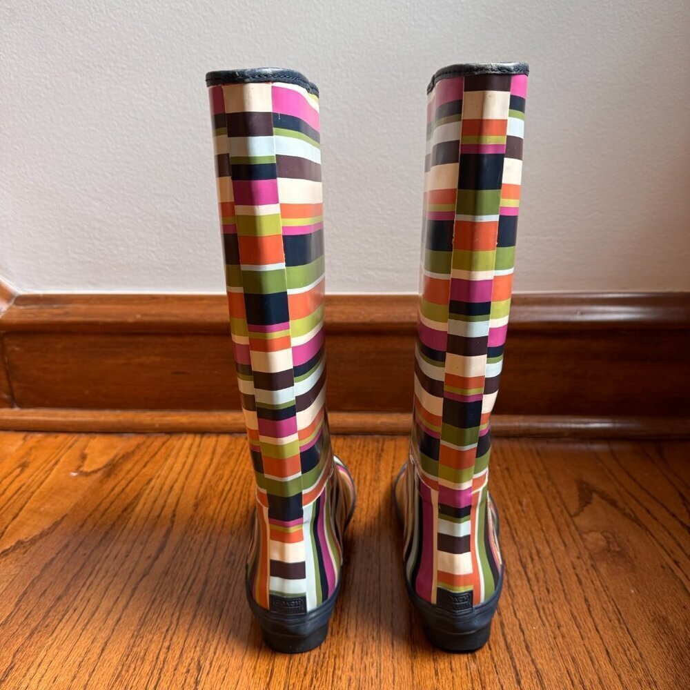 COACH Womens Pammie Rain Boots Size 6B Colorful Stripes Rubber Mid Calf Slip On - Picture 4 of 10
